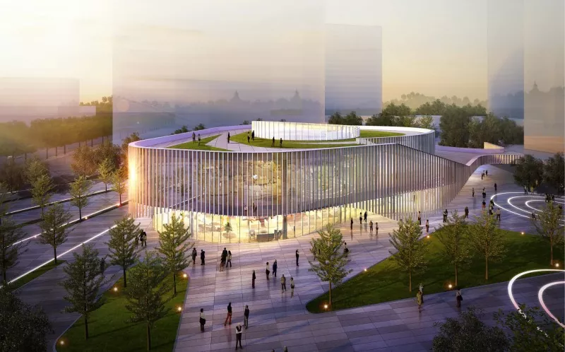 Sala de expoziții cu mai multe etaje cu structuri metalice
